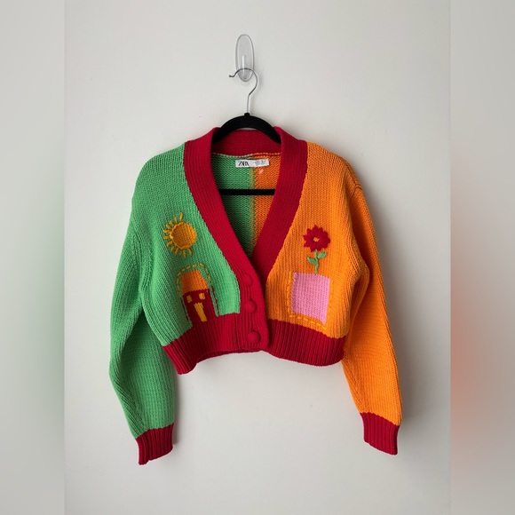 Zara Sweaters - Zara Colorblock Cropped Cardigan Sweater Cottagecore Sun Moon Floral